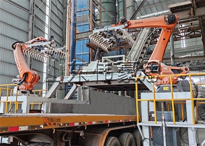 50KG水泥全自動裝車機(jī) 機(jī)器人自動裝車機(jī)案例
